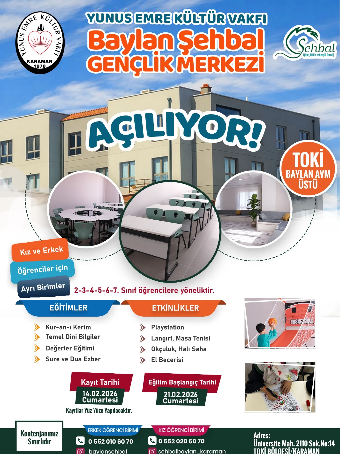 Yunus Emre Kültür Vakfı Baylan Şehbal Gençlik Merkezi açılıyor 